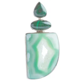 925 Sterling Silver Natural Gemstones Agate Druzy Malachite Pendant FJSVP2081