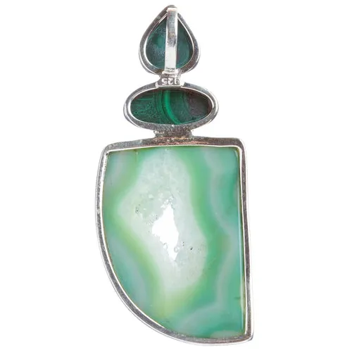 925 Sterling Silver Natural Gemstones Agate Druzy Malachite Pendant FJSVP2081