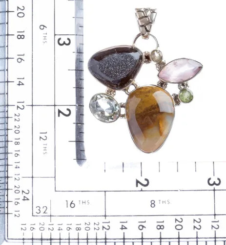 925 Sterling Silver Natural Gemstones Druzy Agate Amethyst Pendant FJSVP2091
