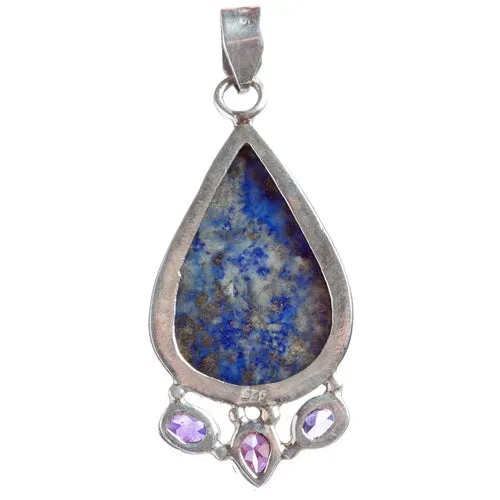 925 Sterling Silver Natural Gemstones Lapis Lazuli Amethyst Pendant FJSVP2087