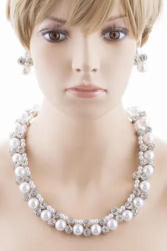 Bridal Wedding Jewelry Crystal Rhinestone Elegant Faux Pearl Necklace J543 White