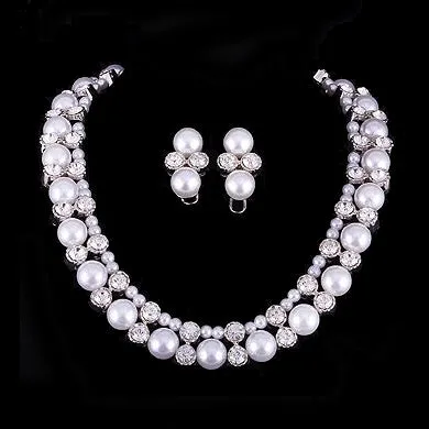 Bridal Wedding Jewelry Crystal Rhinestone Elegant Faux Pearl Necklace J543 White