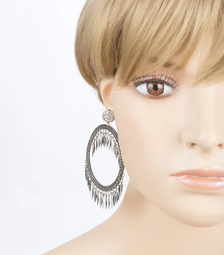 Draped Tassel Dangle Hoop Crystal Earrings Black