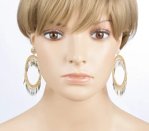 Draped Tassel Dangle Hoop Crystal Earrings Gold