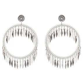 Draped Tassel Dangle Hoop Crystal Earrings Silver