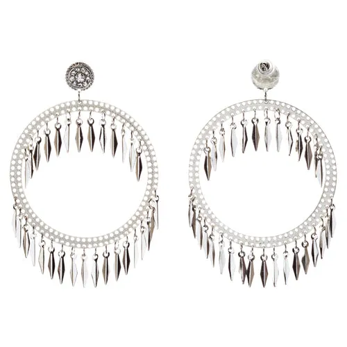 Draped Tassel Dangle Hoop Crystal Earrings Silver