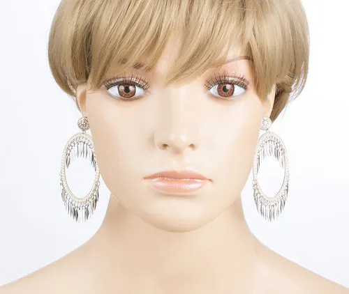 Draped Tassel Dangle Hoop Crystal Earrings Silver