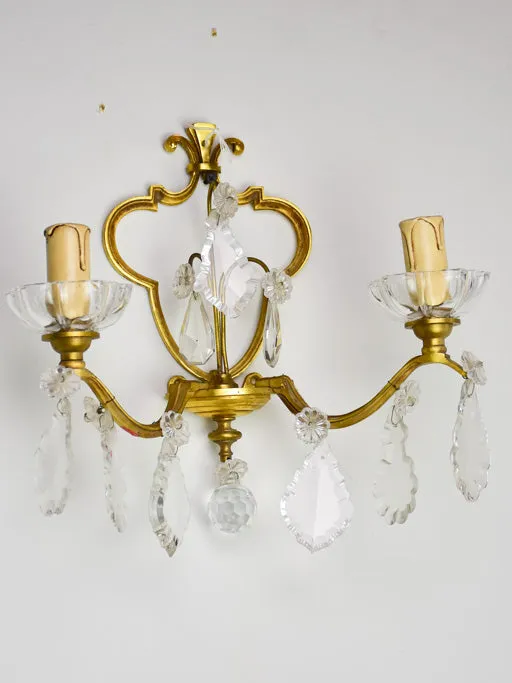 Pair of vintage wall sconces with two lights and crystal pendants 11"