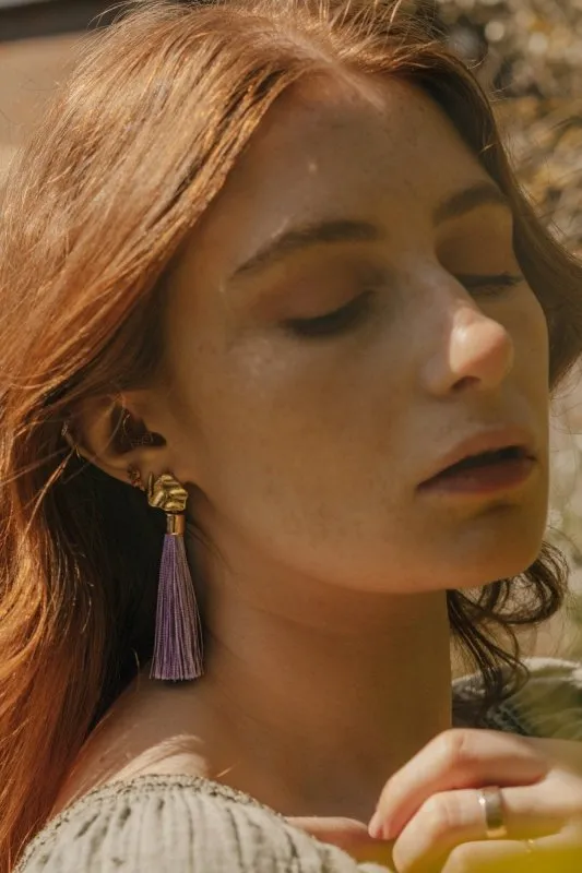 Xander Kostroma Gold Tone & Lavender Purple Drop Earrings – 68 cm Handmade Statement Jewelry with 925 Sterling Silver Posts, Elegant Gift for Women, Perfect for Casual or Formal Wear, Stylish and Unique Accessories