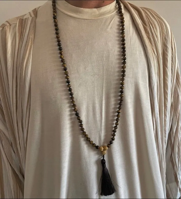 Xander Kostroma Men's Tigers Eye 108 Mala Bead Prayer Necklace with Tassel – 108 Beads, Spiritual Healing & Protection Jewelry for Meditation & Clarity